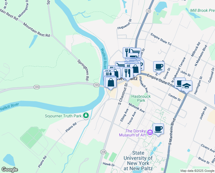 map of restaurants, bars, coffee shops, grocery stores, and more near 6 Main Street in New Paltz