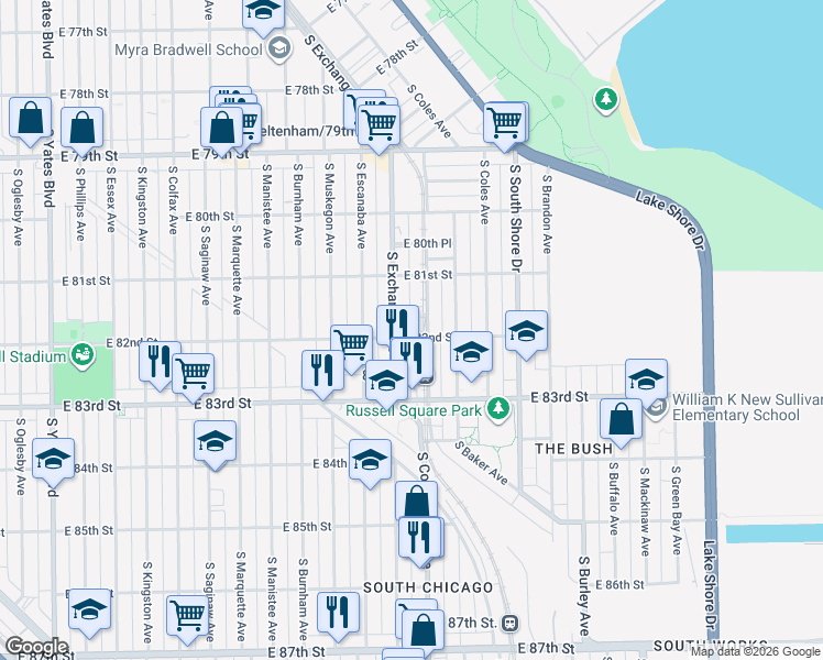 map of restaurants, bars, coffee shops, grocery stores, and more near 2950 East 82nd Street in Chicago