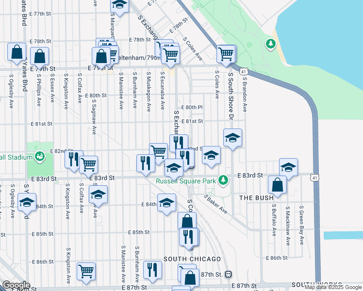 map of restaurants, bars, coffee shops, grocery stores, and more near 2950 East 82nd Street in Chicago