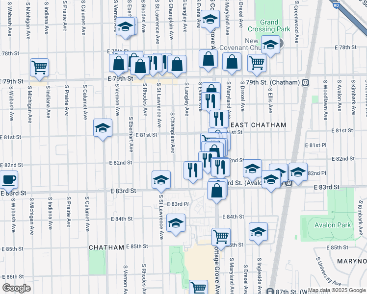 map of restaurants, bars, coffee shops, grocery stores, and more near 8137 South Langley Avenue in Chicago