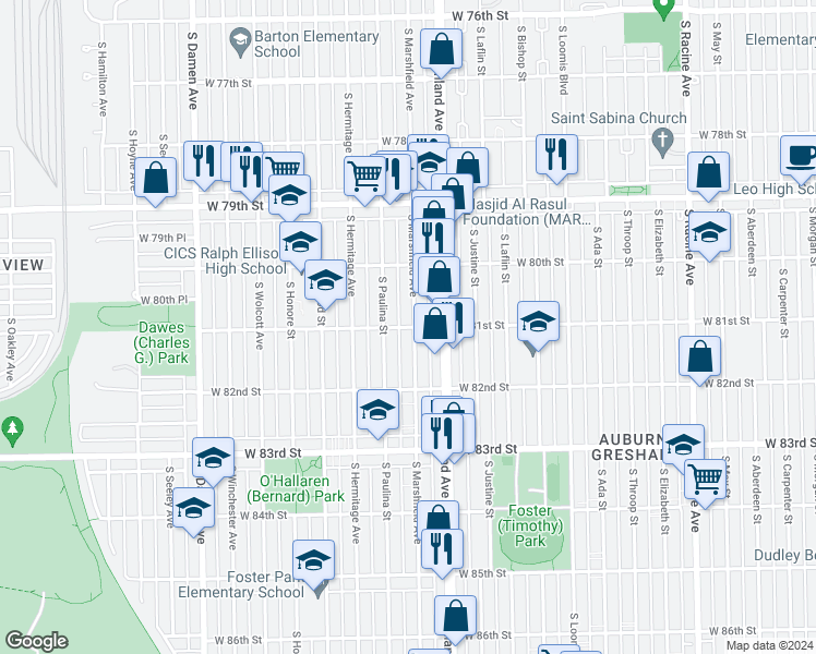 map of restaurants, bars, coffee shops, grocery stores, and more near 8101 South Marshfield Avenue in Chicago