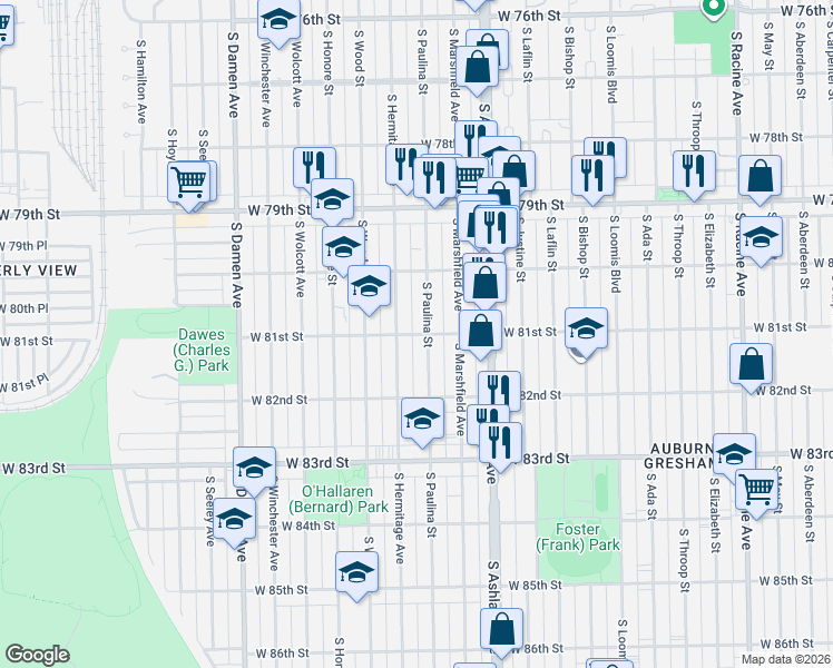 map of restaurants, bars, coffee shops, grocery stores, and more near 8102 South Paulina Street in Chicago