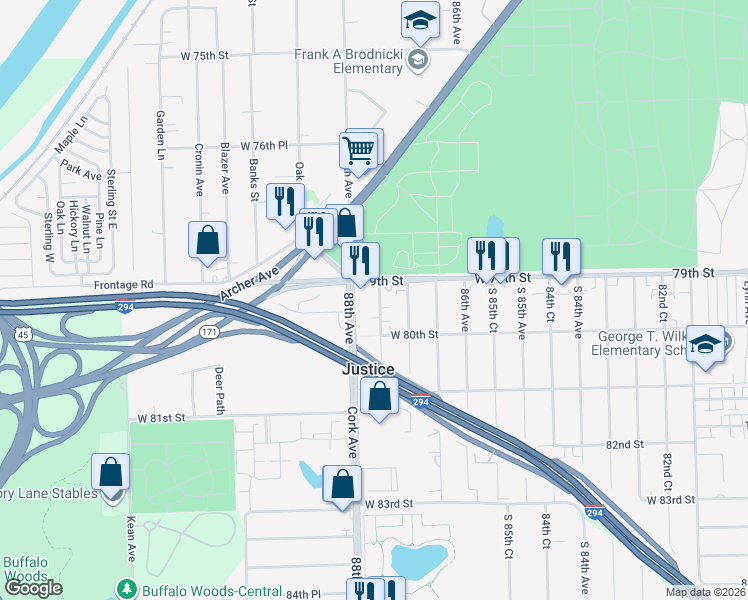 map of restaurants, bars, coffee shops, grocery stores, and more near 7925 South 87th Court in Justice