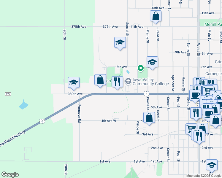 map of restaurants, bars, coffee shops, grocery stores, and more near 1100 Bliss Street in Grinnell