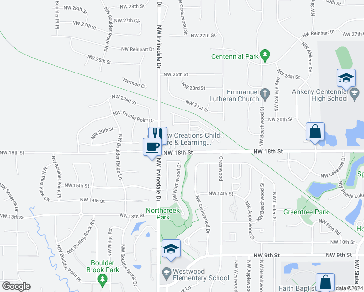 map of restaurants, bars, coffee shops, grocery stores, and more near 1809 Northwest Cedarwood Drive in Ankeny