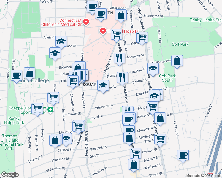 map of restaurants, bars, coffee shops, grocery stores, and more near 117 Benton Street in Hartford