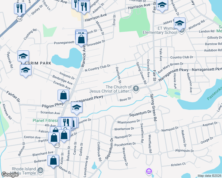 map of restaurants, bars, coffee shops, grocery stores, and more near 1089 Narragansett Parkway in Warwick