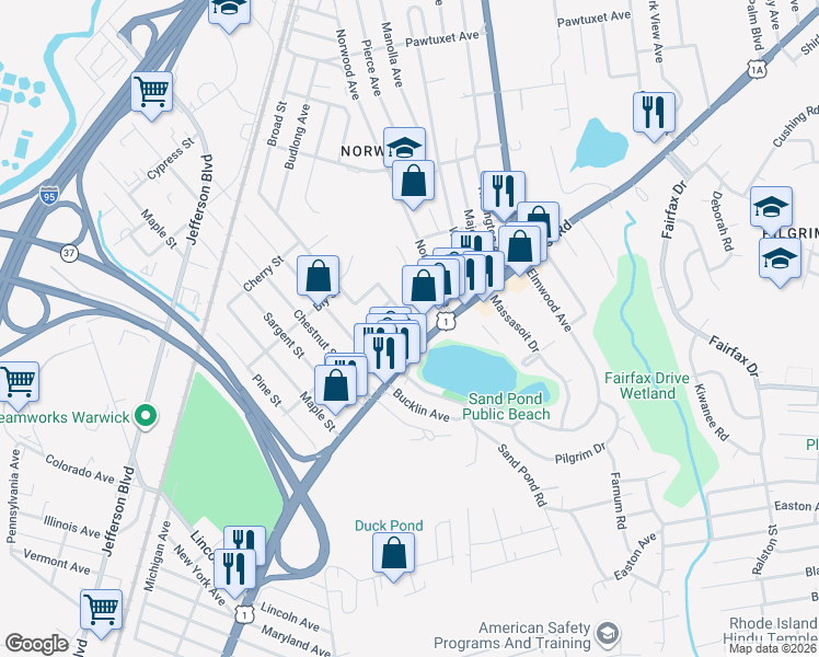 map of restaurants, bars, coffee shops, grocery stores, and more near 1221 U.S. 1 in Warwick