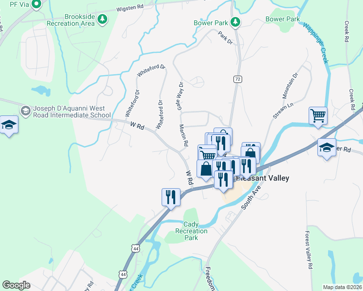 map of restaurants, bars, coffee shops, grocery stores, and more near 6 Martin Road in Pleasant Valley