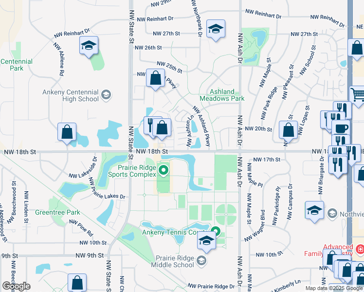 map of restaurants, bars, coffee shops, grocery stores, and more near 1804 Northwest Ashton Lane in Ankeny