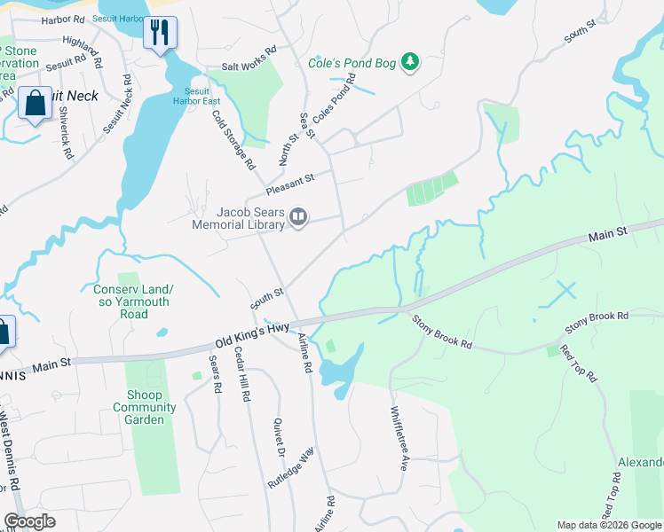map of restaurants, bars, coffee shops, grocery stores, and more near 63 South Street in Dennis