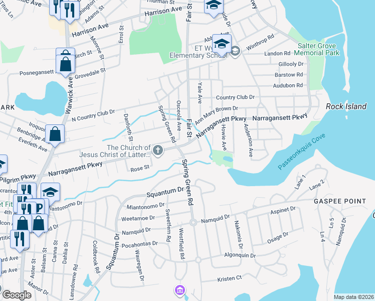 map of restaurants, bars, coffee shops, grocery stores, and more near 69 Metcalf Street in Warwick