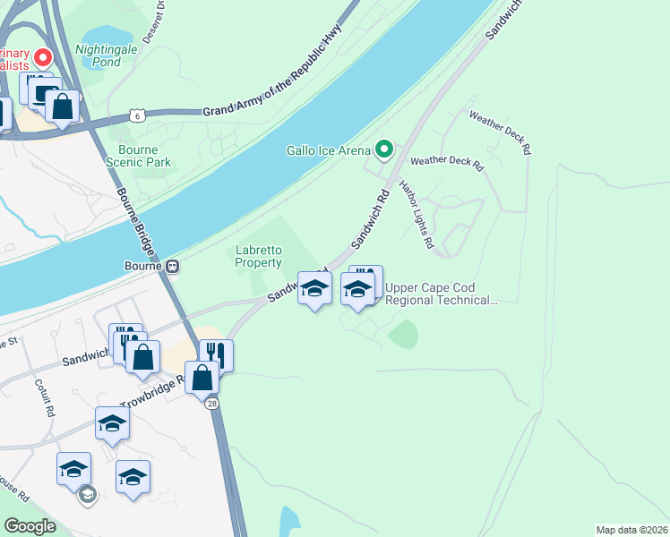 map of restaurants, bars, coffee shops, grocery stores, and more near 220 Sandwich Road in Bourne