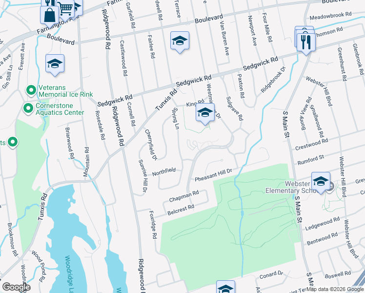 map of restaurants, bars, coffee shops, grocery stores, and more near 54 Spring Lane in West Hartford