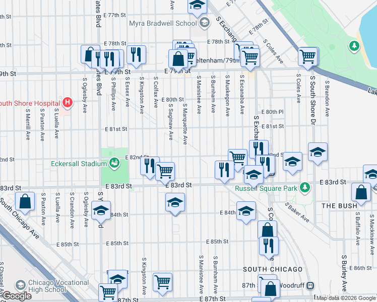 map of restaurants, bars, coffee shops, grocery stores, and more near 8158 South Manistee Avenue in Chicago