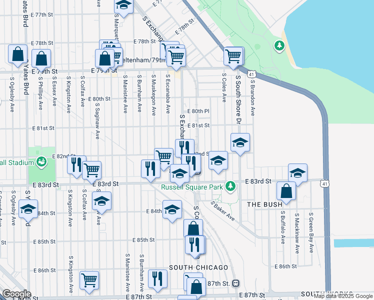 map of restaurants, bars, coffee shops, grocery stores, and more near 2950 East 82nd Street in Chicago