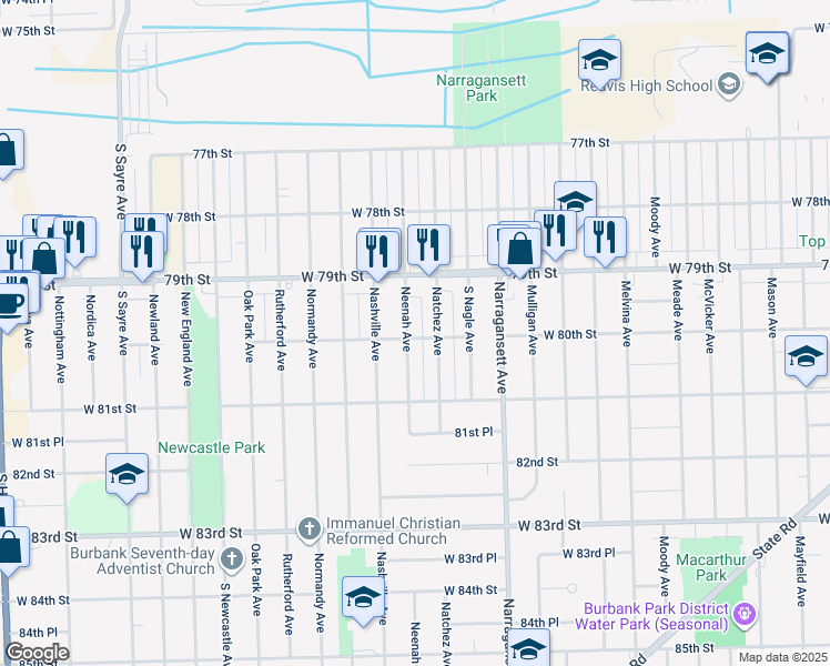 map of restaurants, bars, coffee shops, grocery stores, and more near 8000 Natchez Avenue in Burbank