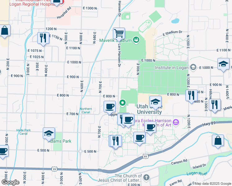 map of restaurants, bars, coffee shops, grocery stores, and more near 809 North 800 East in Logan
