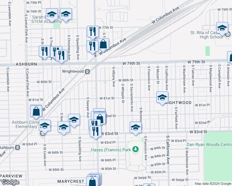 map of restaurants, bars, coffee shops, grocery stores, and more near 8045 South Albany Avenue in Chicago