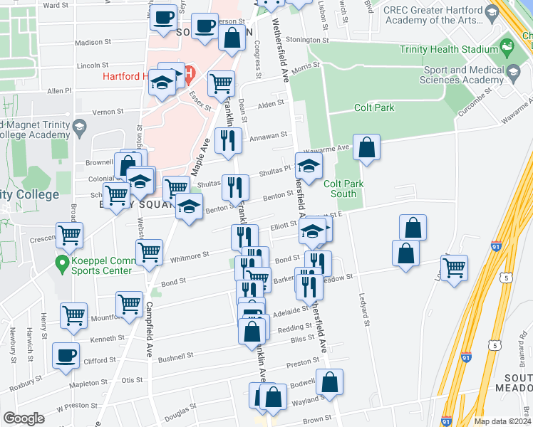 map of restaurants, bars, coffee shops, grocery stores, and more near 5 Warner Street Extension in Hartford