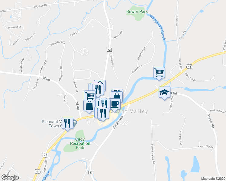 map of restaurants, bars, coffee shops, grocery stores, and more near 13 Quaker Hill Road in Pleasant Valley