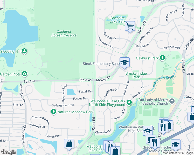 map of restaurants, bars, coffee shops, grocery stores, and more near 2216 Thornwood Ct in Aurora