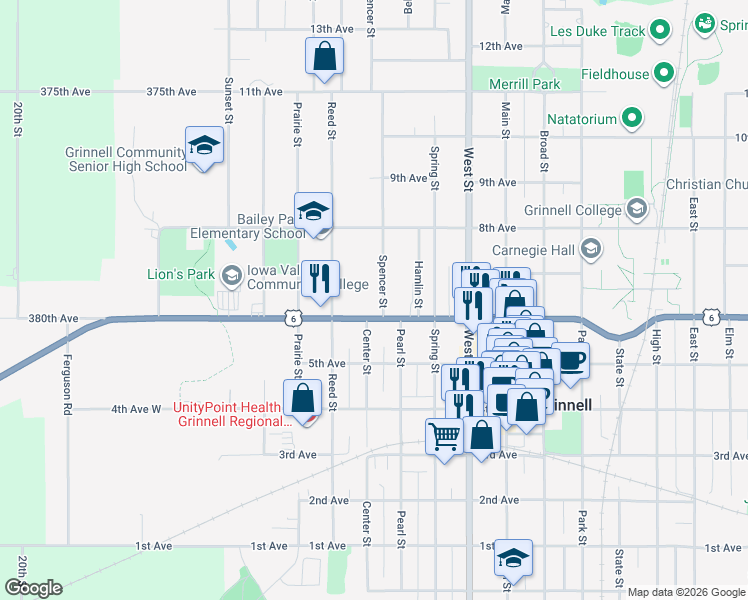 map of restaurants, bars, coffee shops, grocery stores, and more near 1115 Spencer Street in Grinnell
