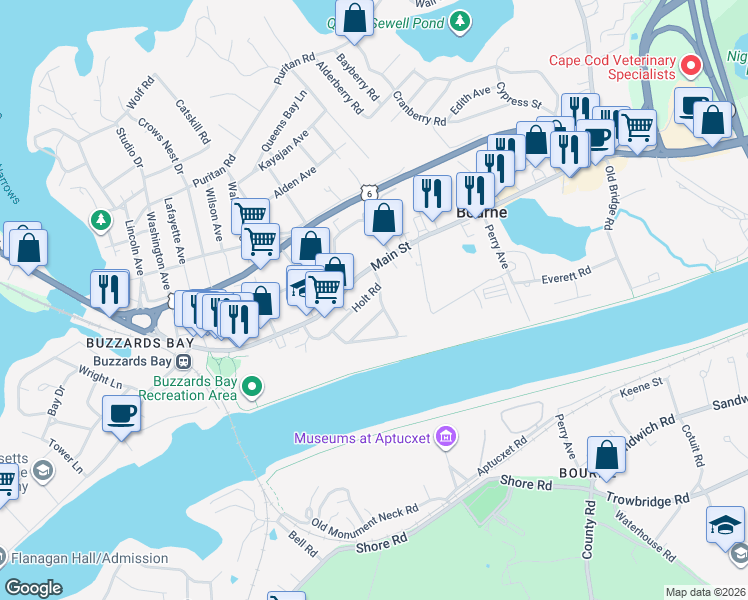 map of restaurants, bars, coffee shops, grocery stores, and more near 25 Thomas Avenue in Bourne