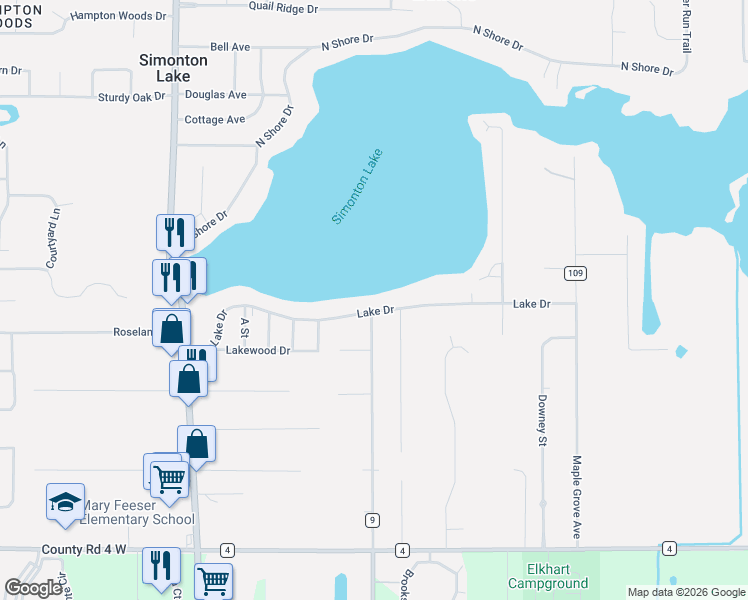 map of restaurants, bars, coffee shops, grocery stores, and more near 25997 Lake Drive in Elkhart