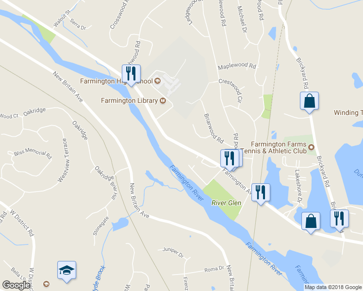 map of restaurants, bars, coffee shops, grocery stores, and more near 1495 Farmington Avenue in Farmington