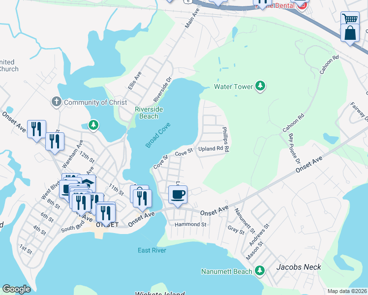map of restaurants, bars, coffee shops, grocery stores, and more near 18 Cove Street in Marion