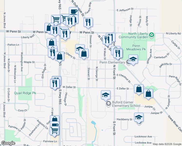 map of restaurants, bars, coffee shops, grocery stores, and more near 130 Stewart Street in North Liberty