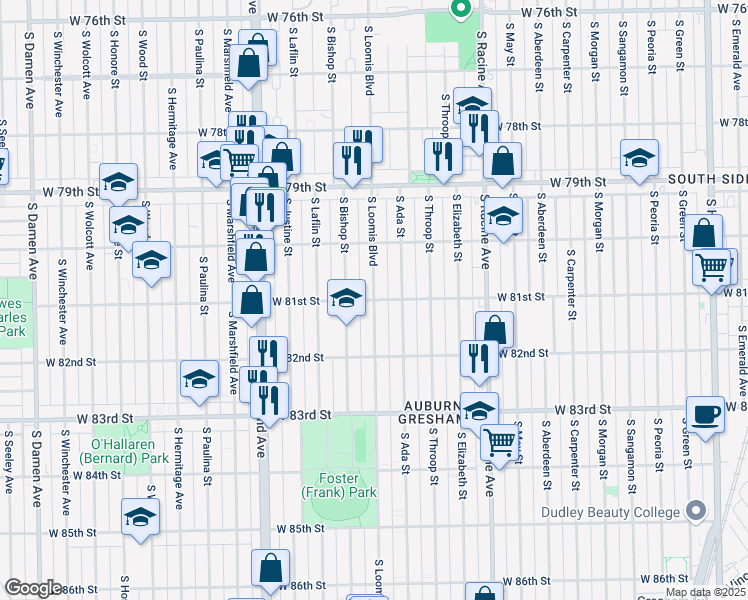 map of restaurants, bars, coffee shops, grocery stores, and more near W 81st St & S Loomis Blvd in Chicago