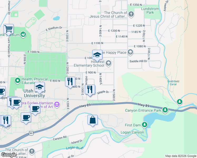map of restaurants, bars, coffee shops, grocery stores, and more near 853 North 1400 East in Logan