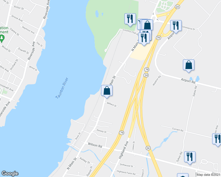 map of restaurants, bars, coffee shops, grocery stores, and more near 3701 North Main Street in Fall River
