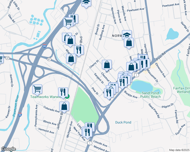map of restaurants, bars, coffee shops, grocery stores, and more near 288 Maple Street in Warwick