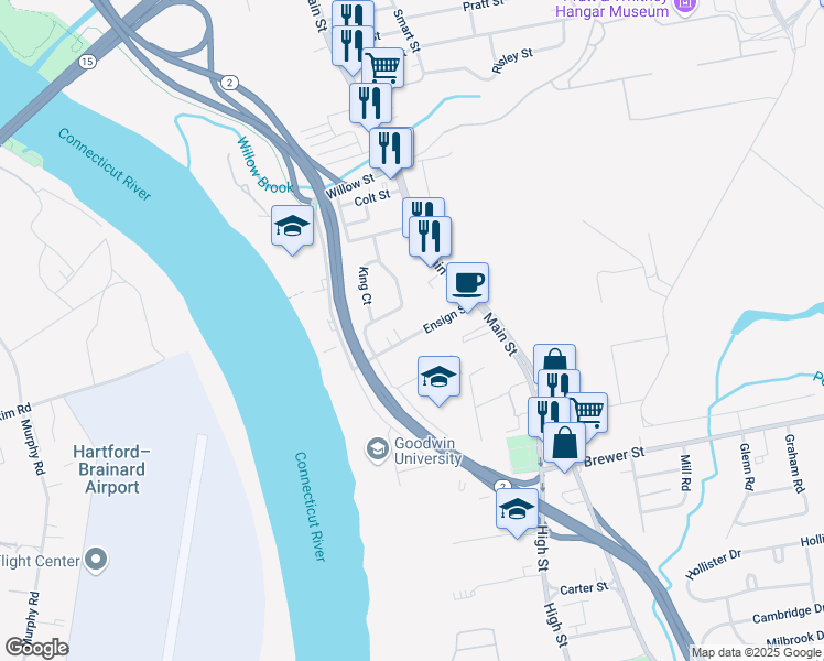 map of restaurants, bars, coffee shops, grocery stores, and more near 53 Ensign Street in East Hartford