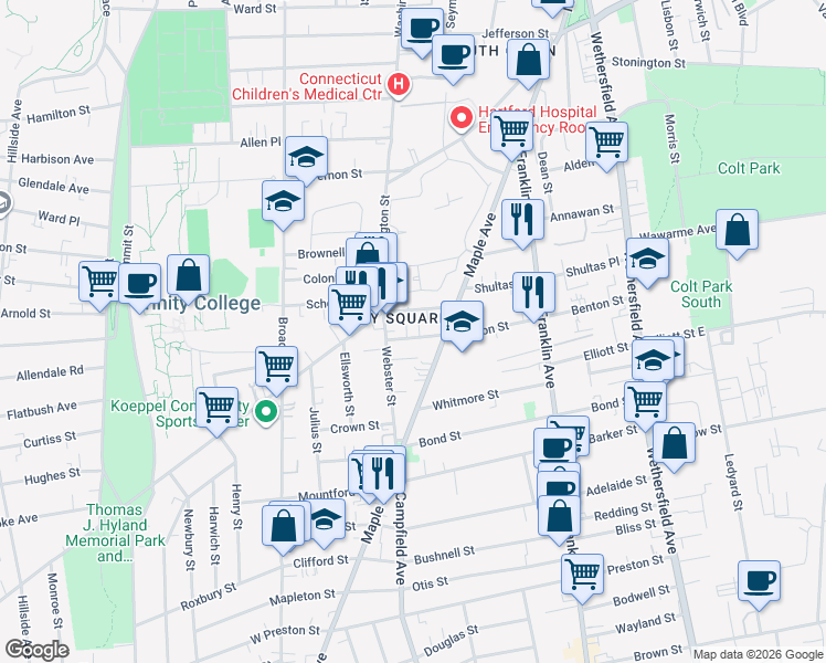 map of restaurants, bars, coffee shops, grocery stores, and more near 185 Benton Street in Hartford