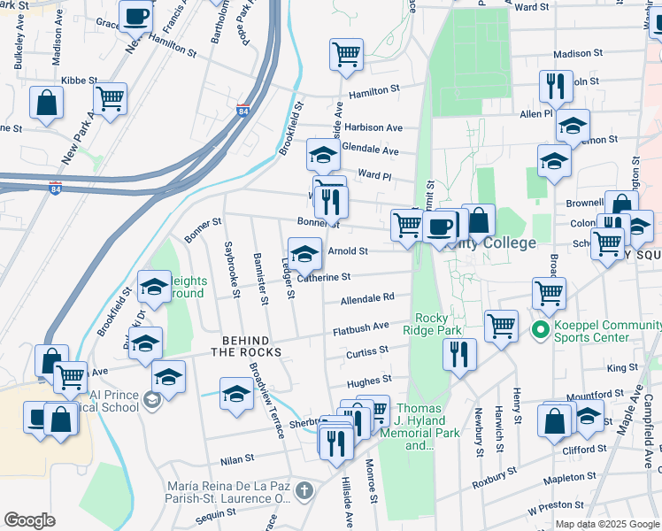 map of restaurants, bars, coffee shops, grocery stores, and more near 72 Catherine Street in Hartford
