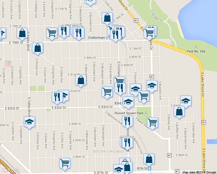 map of restaurants, bars, coffee shops, grocery stores, and more near 8159 South Muskegon Avenue in Chicago