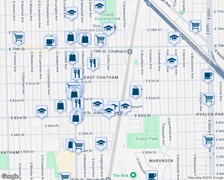 map of restaurants, bars, coffee shops, grocery stores, and more near 8141 South Ellis Avenue in Chicago