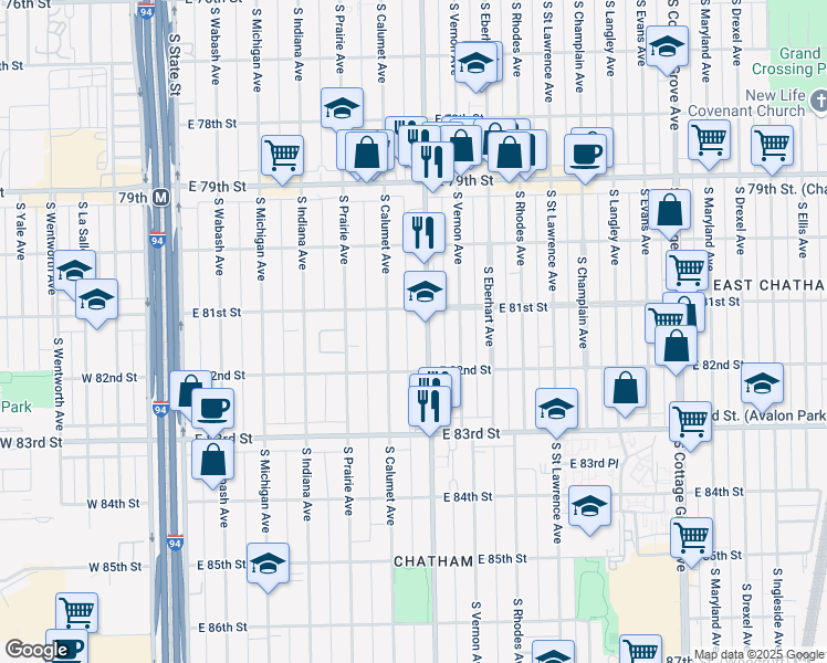 map of restaurants, bars, coffee shops, grocery stores, and more near 8128 South King Drive in Chicago
