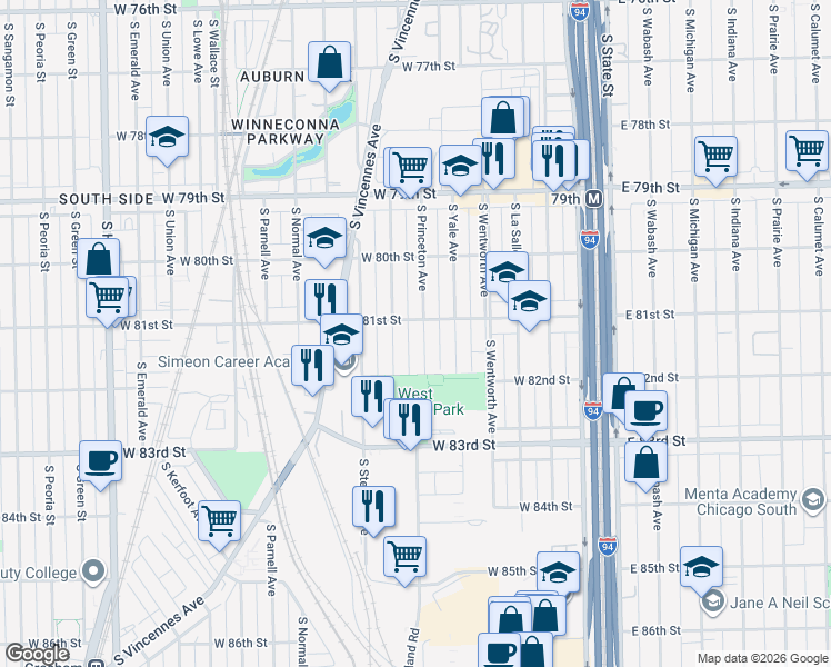 map of restaurants, bars, coffee shops, grocery stores, and more near 8123 South Princeton Avenue in Chicago