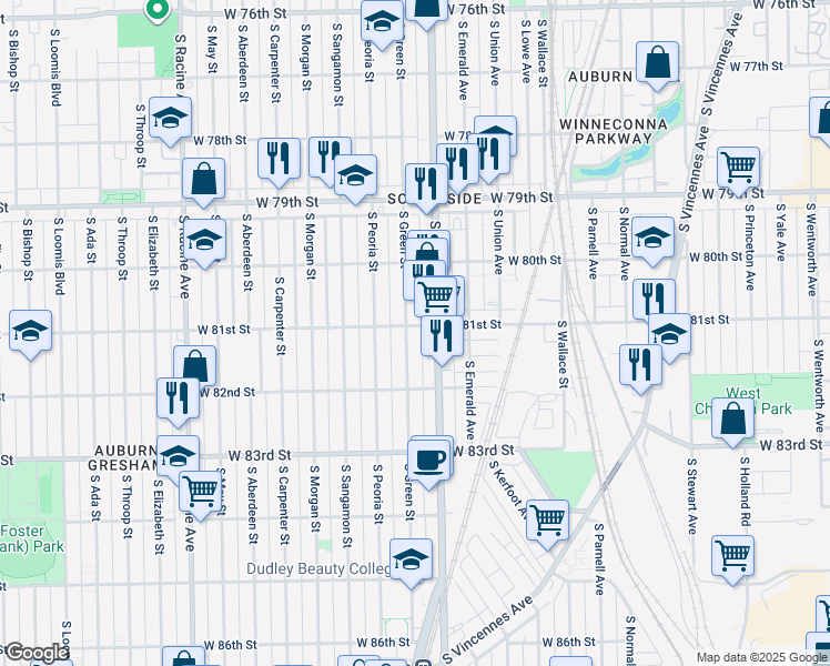 map of restaurants, bars, coffee shops, grocery stores, and more near 8115 South Green Street in Chicago