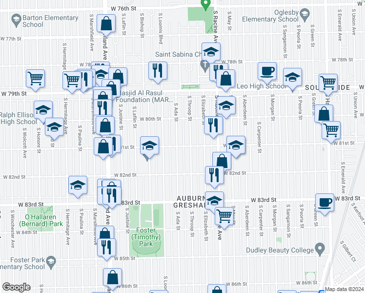 map of restaurants, bars, coffee shops, grocery stores, and more near 8109 South Ada Street in Chicago