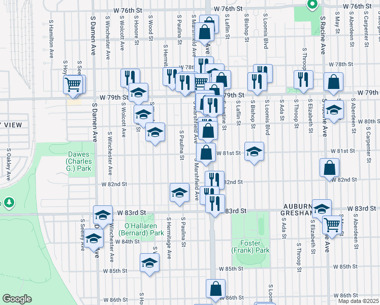 map of restaurants, bars, coffee shops, grocery stores, and more near 8101 South Marshfield Avenue in Chicago