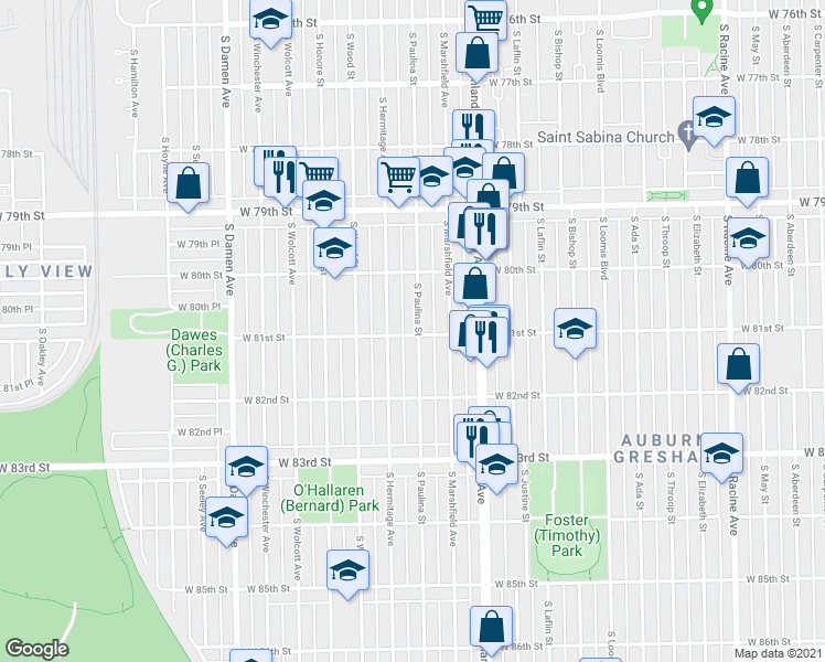map of restaurants, bars, coffee shops, grocery stores, and more near 8102 South Paulina Street in Chicago