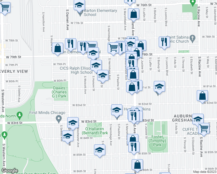 map of restaurants, bars, coffee shops, grocery stores, and more near in Chicago