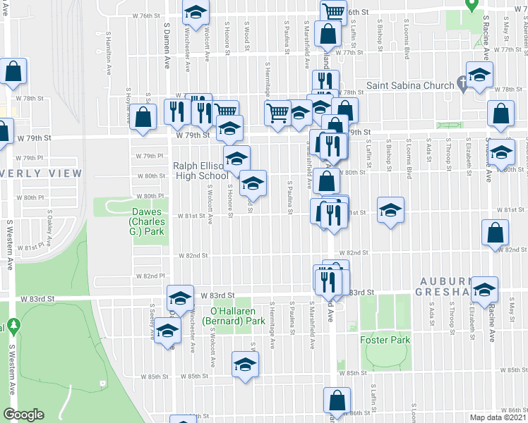 map of restaurants, bars, coffee shops, grocery stores, and more near in Chicago