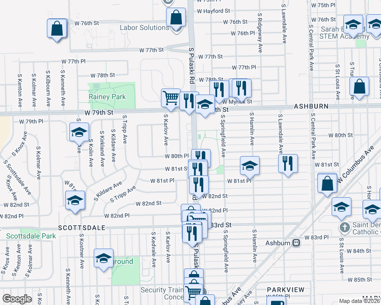 map of restaurants, bars, coffee shops, grocery stores, and more near 8046 South Pulaski Road in Chicago